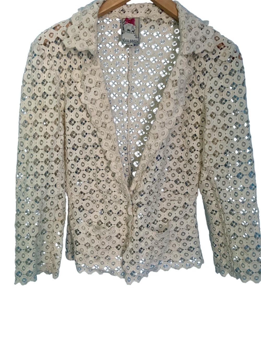 VTG Y2K Yoana Baraschi Ivory Open Knit Crochet Lace Blazer Layering Size 4